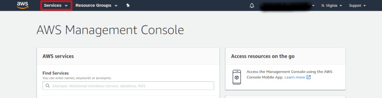 Services button on AWS Console